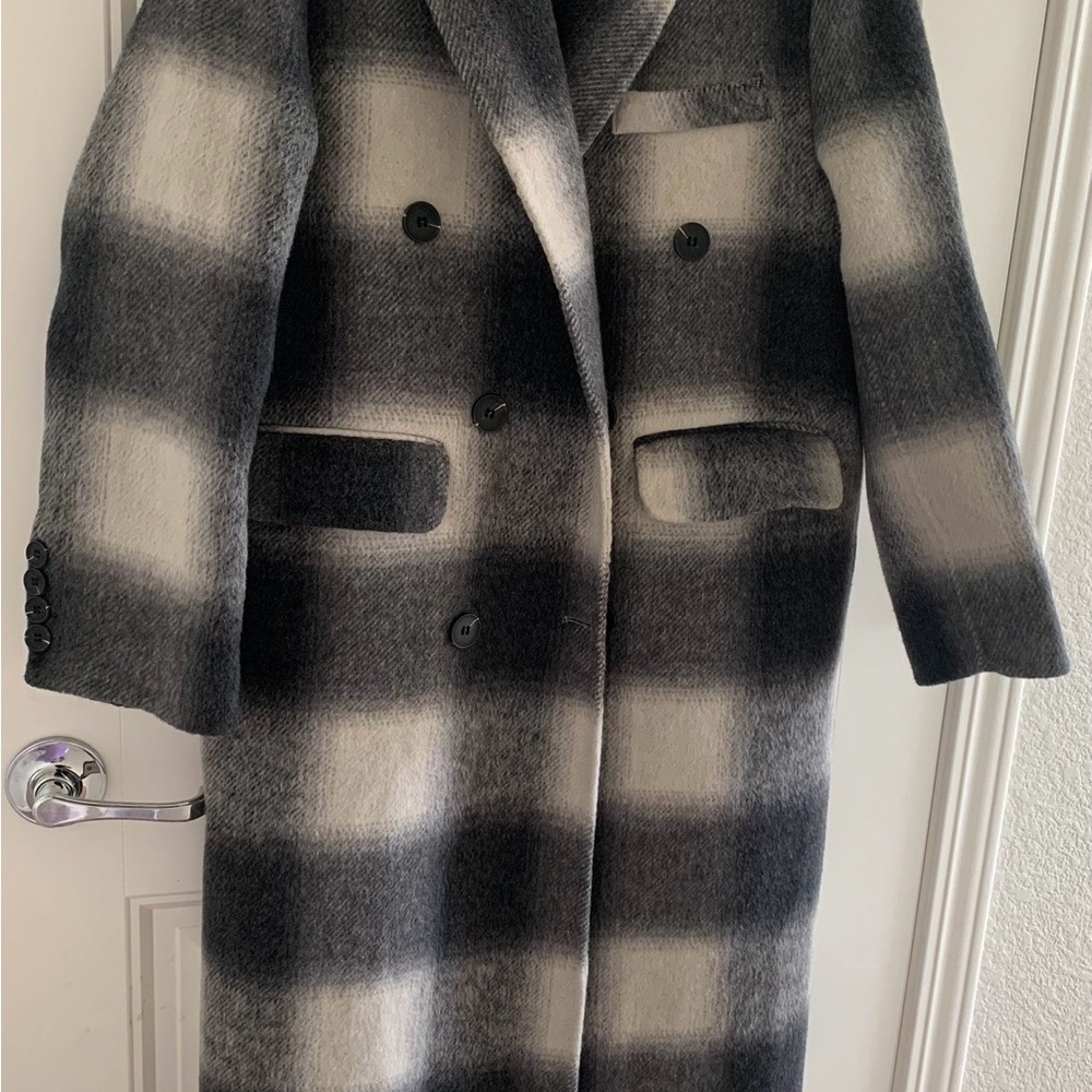 Plaid Merino Wool Coat unlined black white gray monochrome EUC